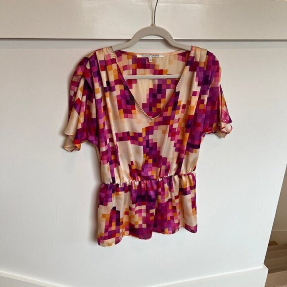 Collective Concepts Purple and Gold Square Pixel Pattern Blouse Size Medium